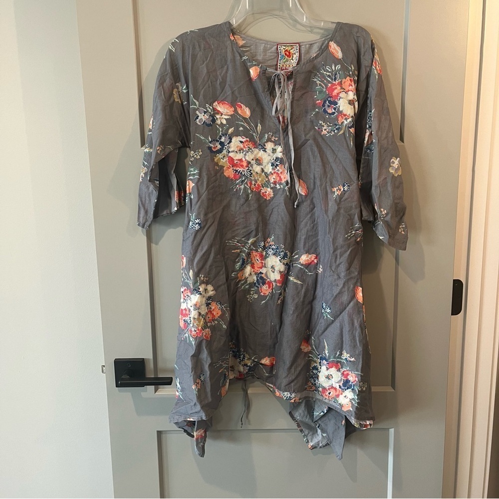 Johnny Was Small Gray Floral All Over Print Tie Back Tunic 3/4 Sleeve READ